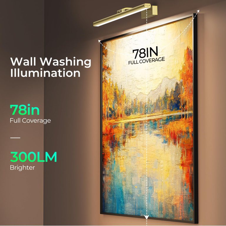 Wall-mounted picture light illuminating large artwork