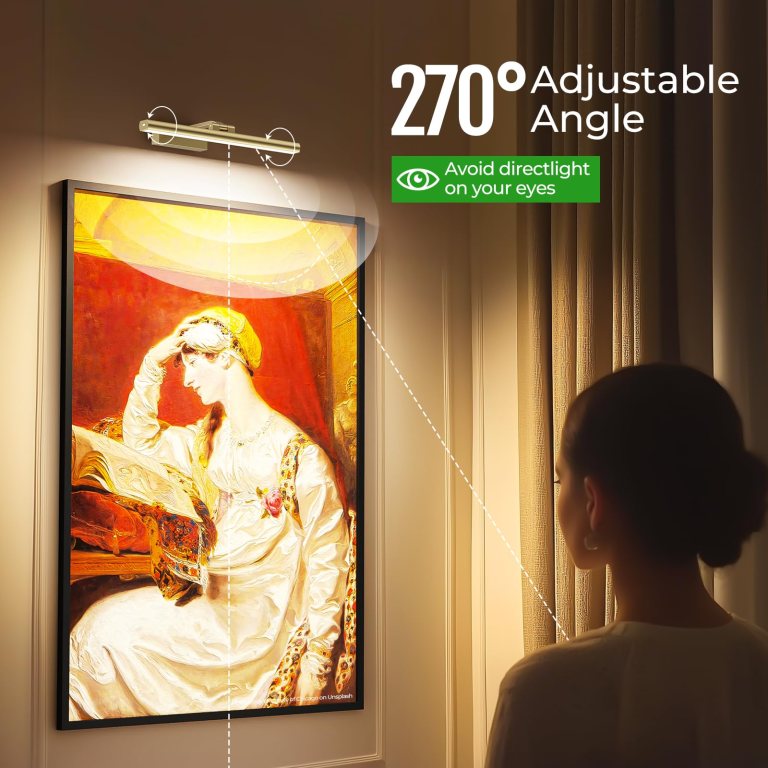 Adjustable picture light above framed wall artwork