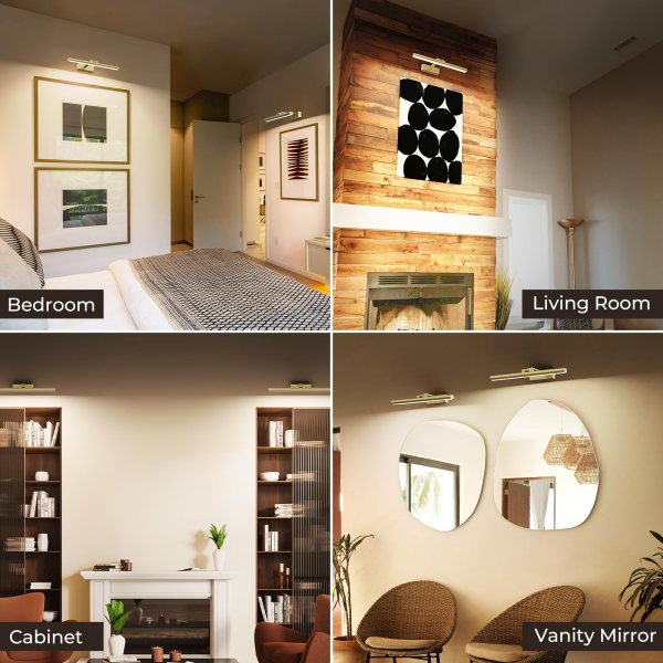 wireless picture lights for wall, battery operated wall light for painting rechargeable cct rotatable art gallery light with remote dimmable timer for artwork frame display dartboard (gold, 16inch) Modern home interiors with wall-mounted picture lights
