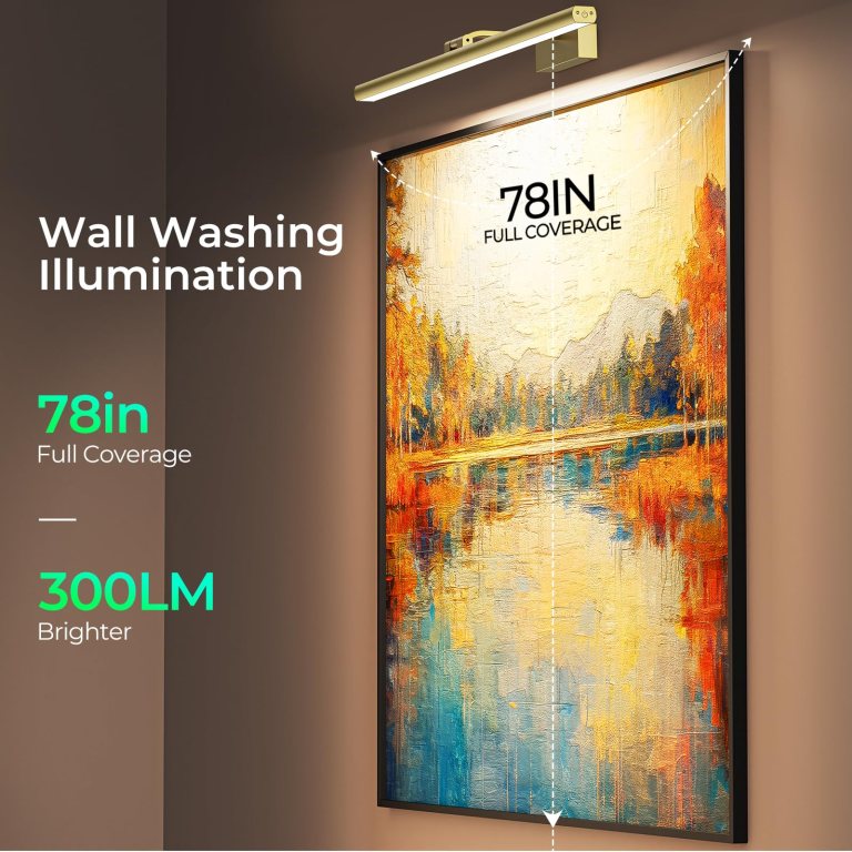 wireless picture lights for wall, battery operated wall light for painting rechargeable cct rotatable art gallery light with remote dimmable timer for artwork frame display dartboard (gold, 24inch) Wall-mounted light illuminating large framed artwork