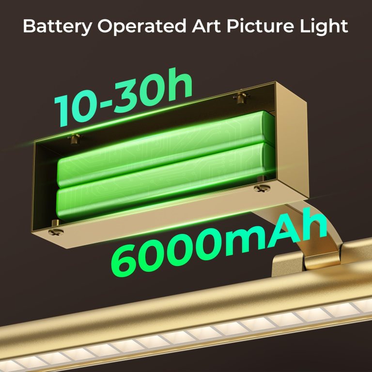 wireless picture lights for wall, battery operated wall light for painting rechargeable cct rotatable art gallery light with remote dimmable timer for artwork frame display dartboard (gold, 24inch) Battery-operated art picture light with 6000mAh battery