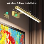wireless picture lights for wall, battery operated wall light for painting rechargeable cct rotatable art gallery light with remote dimmable timer for artwork frame display dartboard (gold, 24inch) Wireless gold picture light above colourful artwork