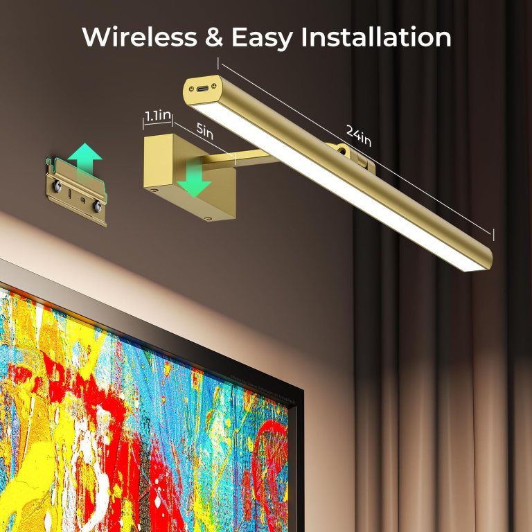 wireless picture lights for wall, battery operated wall light for painting rechargeable cct rotatable art gallery light with remote dimmable timer for artwork frame display dartboard (gold, 24inch) Wireless gold picture light above colourful artwork