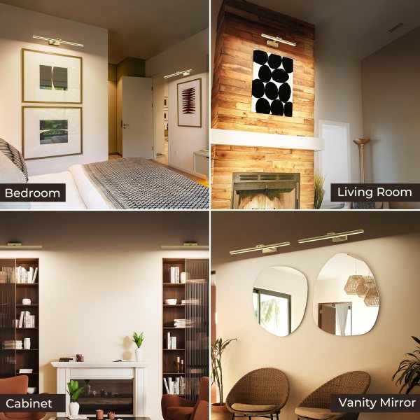 wireless picture lights for wall, battery operated wall light for painting rechargeable cct rotatable art gallery light with remote dimmable timer for artwork frame display dartboard (gold, 24inch) Modern interiors with wall-mounted picture lights