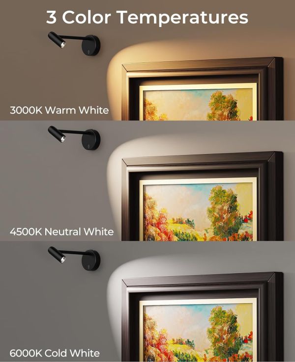 picture light for wall, battery operated art light for paintings cct dimmable recharging gallery battery wall light with remote control for living room gallery dartboard art bathroom 2pcs Wall light showing three colour temperatures on artwork