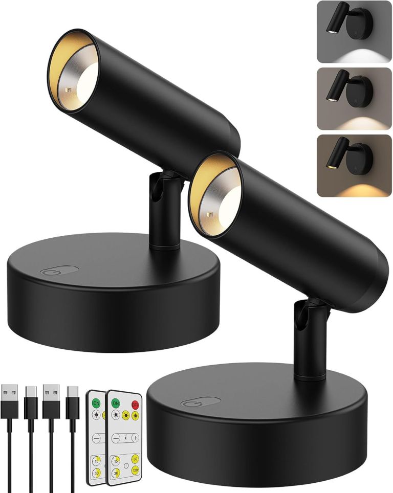 Black adjustable LED spotlight lamps with remote controls