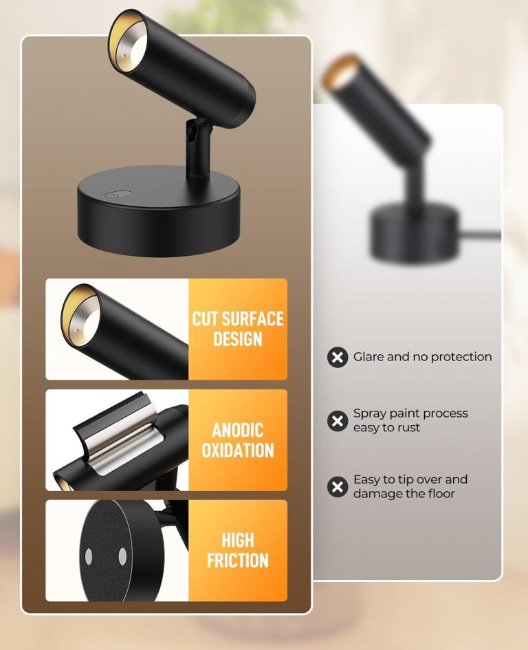 Black adjustable spotlight with sturdy round base