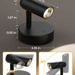Compact black adjustable spotlight with dimensions shown