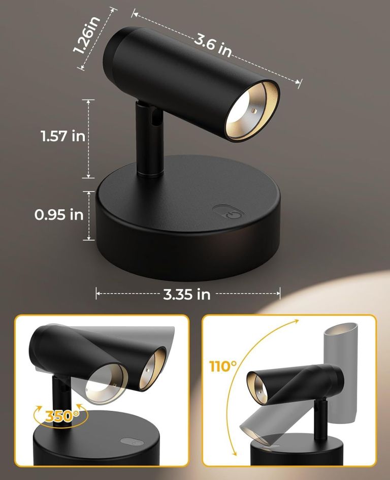 Compact black adjustable spotlight with dimensions shown