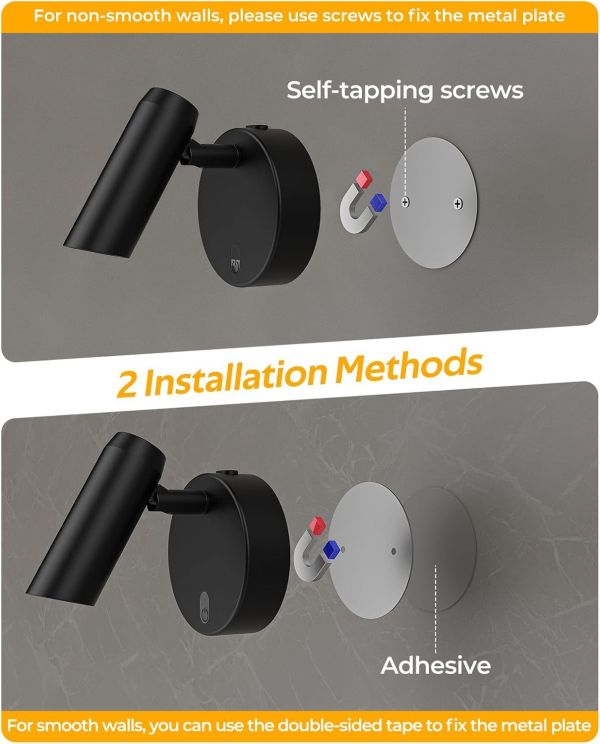 Wall spotlight with screw or adhesive installation options
