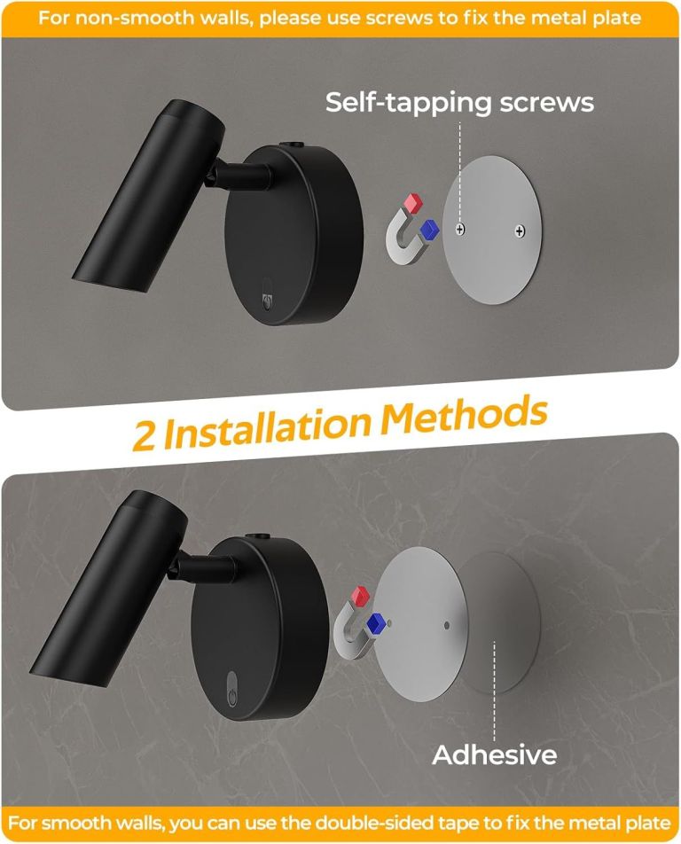Wall spotlight with screw or adhesive installation options