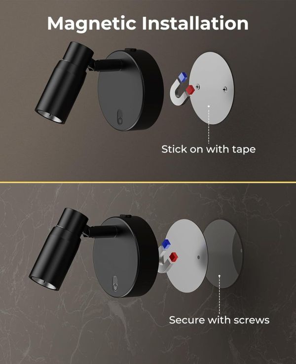 Magnetic wall light installation with tape or screws