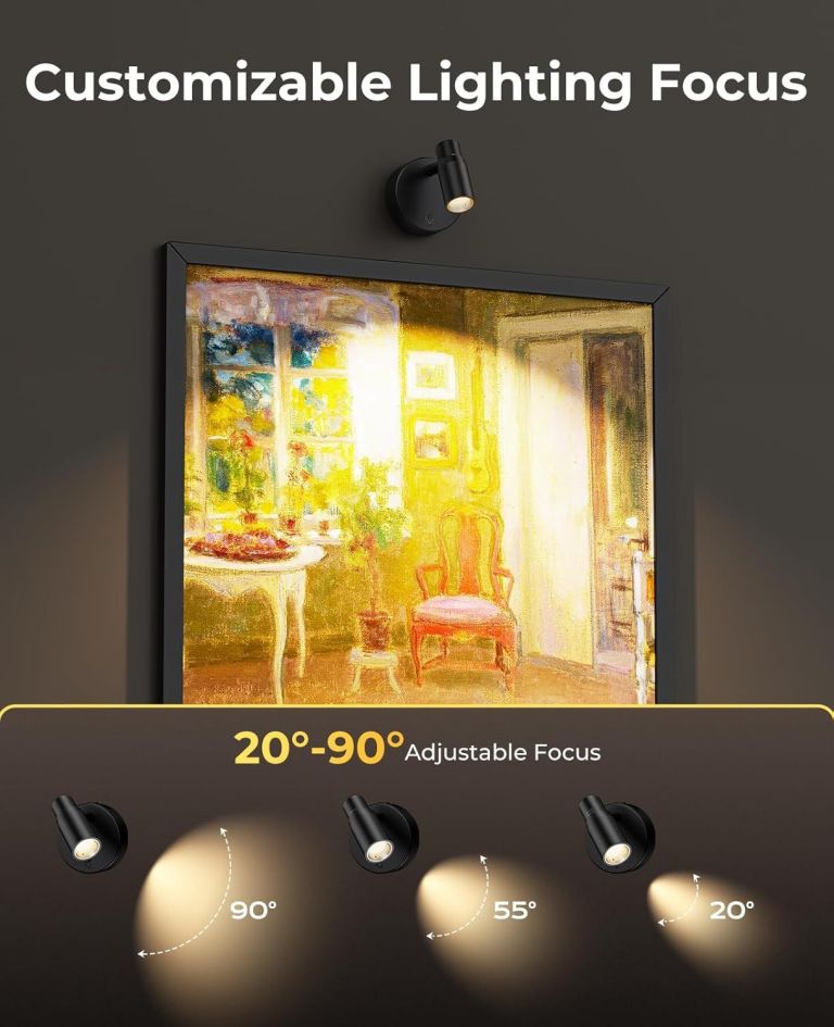 Adjustable wall spotlight illuminating framed artwork