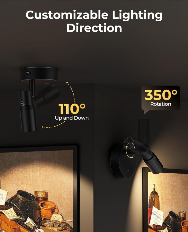 Adjustable black wall spotlight over framed artwork