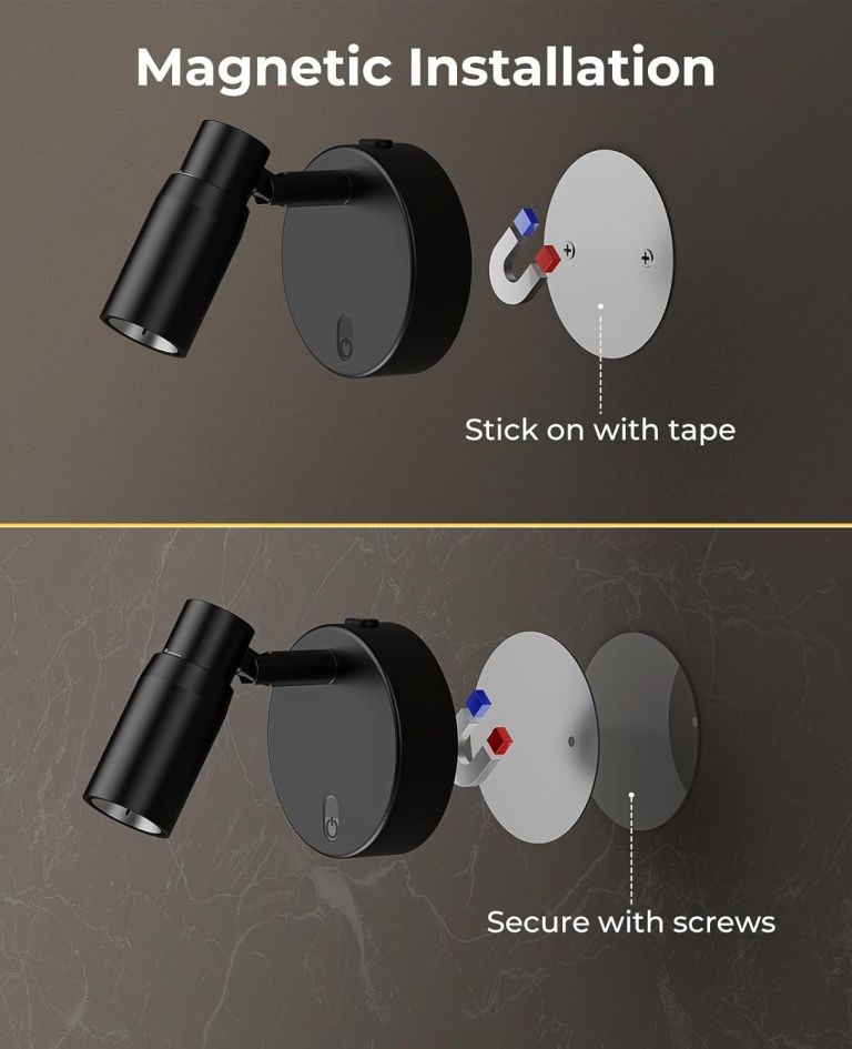 Magnetic wall spotlight with tape and screw mounting