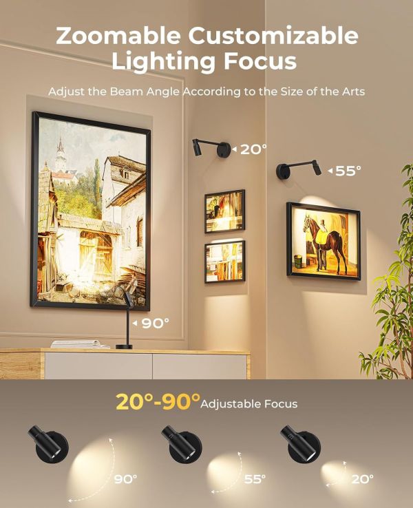 zoomable picture light for wall, battery operated art light for paintings cct dimmable spotlight for wall art wall light with remote control for living room gallery dartboard bathroom Adjustable wall spotlight illuminating framed artwork