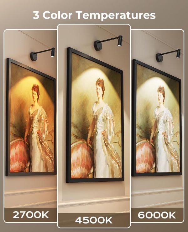 zoomable picture light for wall, battery operated art light for paintings cct dimmable spotlight for wall art wall light with remote control for living room gallery dartboard bathroom Artwork under three different light colour temperatures