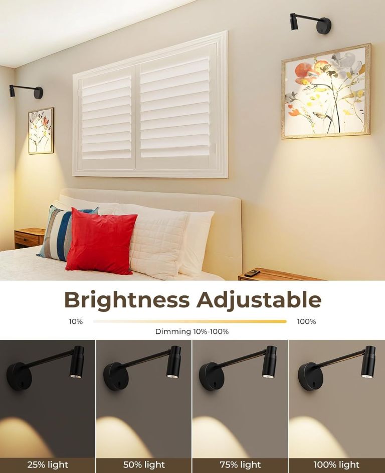 Adjustable wall sconces above modern bedroom bed