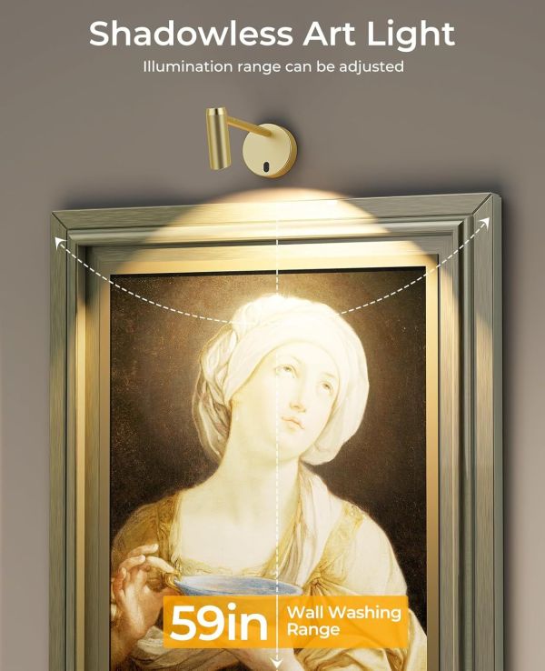 picture light for wall, battery operated art light for paintings cct dimmable recharging gallery battery wall light with remote control for living room gallery dartboard art bathroom Adjustable gold wall light illuminating framed artwork