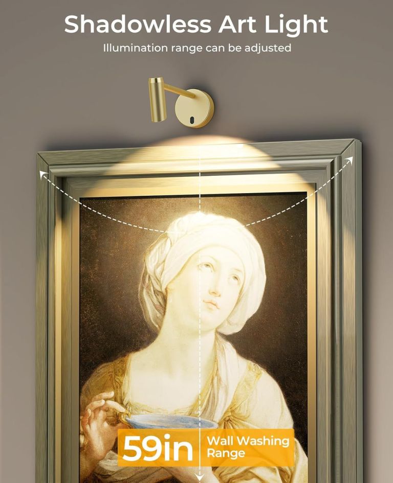 picture light for wall, battery operated art light for paintings cct dimmable recharging gallery battery wall light with remote control for living room gallery dartboard art bathroom Adjustable gold wall light illuminating framed artwork