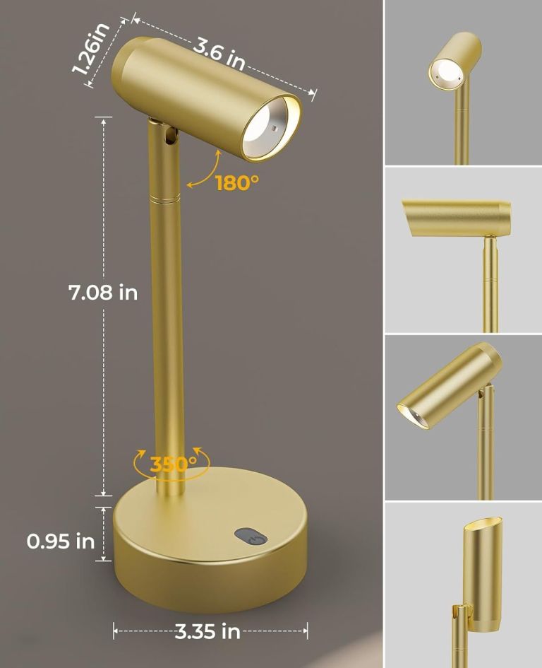 picture light for wall, battery operated art light for paintings cct dimmable recharging gallery battery wall light with remote control for living room gallery dartboard art bathroom Gold adjustable desk lamp with dimensions labelled
