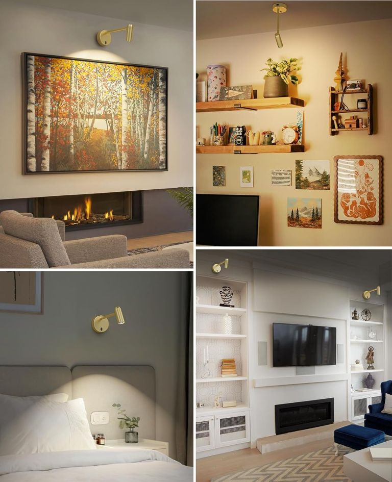 picture light for wall, battery operated art light for paintings cct dimmable recharging gallery battery wall light with remote control for living room gallery dartboard art bathroom Modern brass wall lights in stylish home interiors
