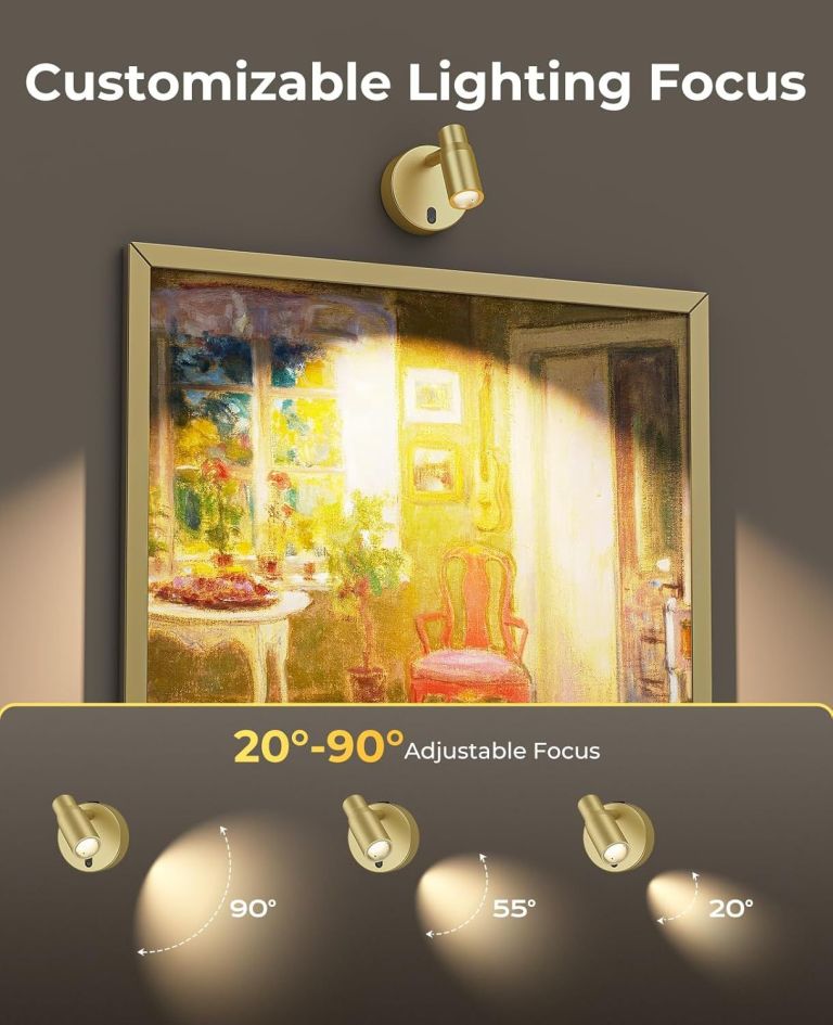 Adjustable gold picture light illuminating framed artwork
