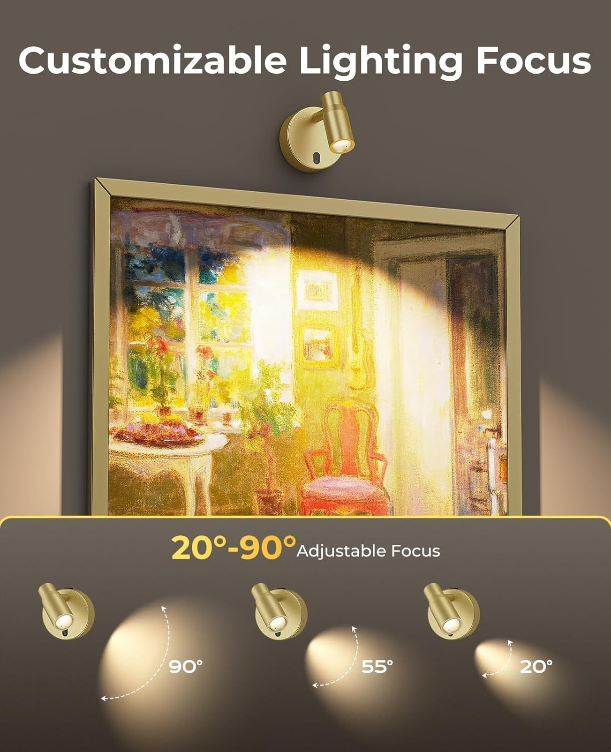 Adjustable gold picture light illuminating framed artwork
