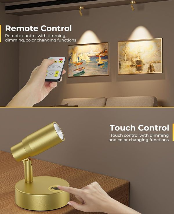 spot lights indoor, rechargeable picture light with remote, dimmable cct spotlight for wall art, 6000mah battery uplights indoor with timer for plant artwork painting sofa corner light gold Gold picture light with remote and touch control