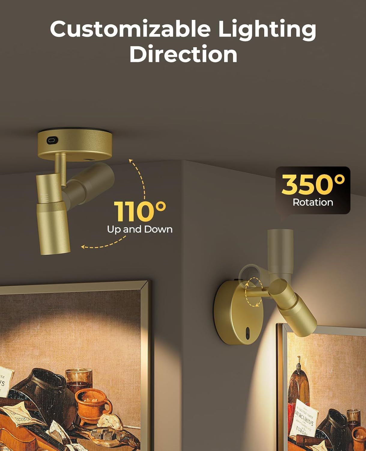 Gold adjustable wall spotlight with rotation angles