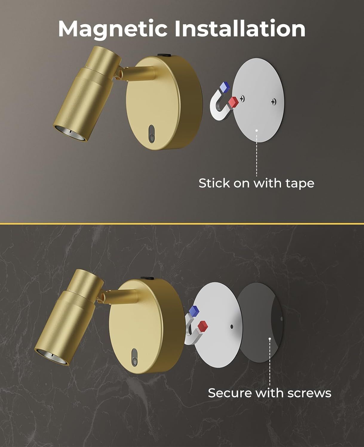Gold wall light with magnetic installation options