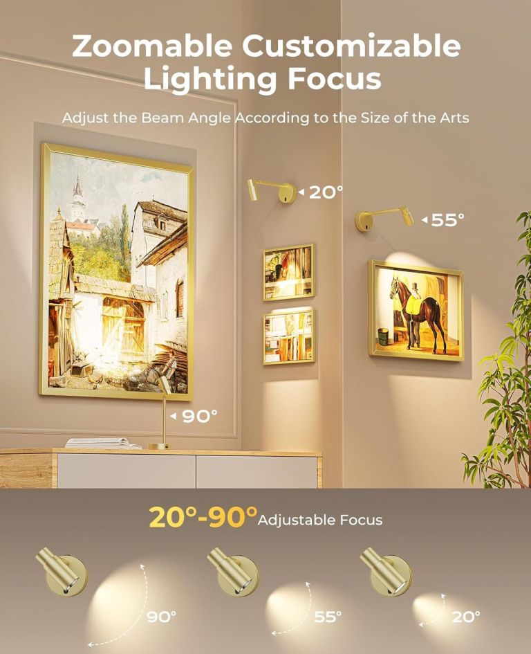 Adjustable wall lights illuminating framed artworks indoors