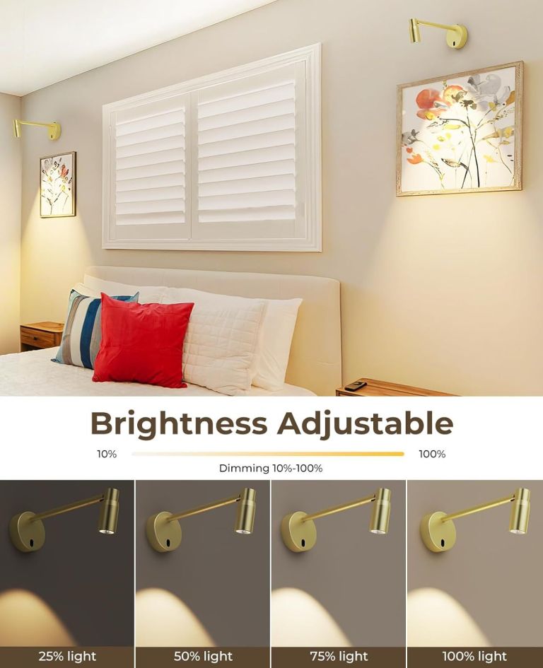 Adjustable brass wall lights above modern bedroom bed