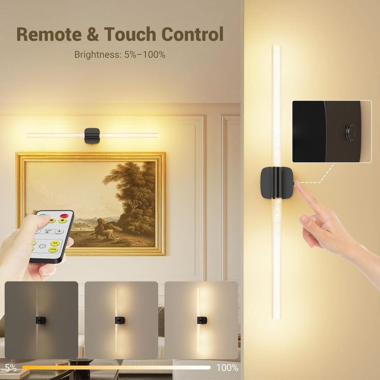 black battery operated wall sconce set of 2, rechargeable wireless wall lights with remote and touch, 360° rotatable sconces wall decor for bedroom living room (23.62 inch, 2 pack) Wall-mounted LED picture light with remote control