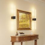 black battery operated wall sconce set of 2, rechargeable wireless wall lights with remote and touch, 360° rotatable sconces wall decor for bedroom living room (23.62 inch, 2 pack) Framed landscape painting with modern wall sconces