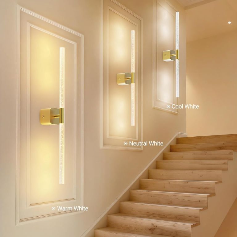 gold battery operated wall sconce set of 2, rechargeable wireless wall lights with remote and touch, 360° rotatable sconces wall decor for bedroom living room (23.62 inch, 2 pack) Modern wall sconces beside wooden staircase