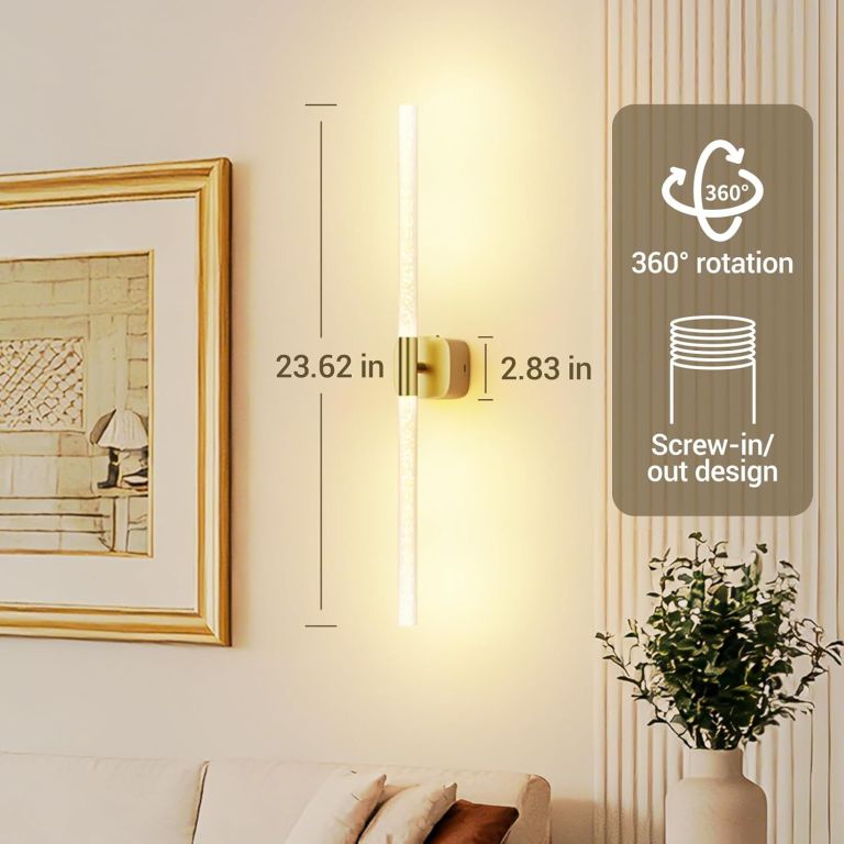 gold battery operated wall sconce set of 2, rechargeable wireless wall lights with remote and touch, 360° rotatable sconces wall decor for bedroom living room (23.62 inch, 2 pack) Modern vertical wall light with 360-degree rotation