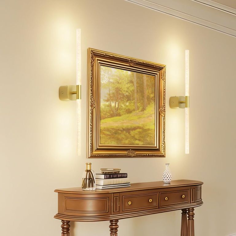 gold battery operated wall sconce set of 2, rechargeable wireless wall lights with remote and touch, 360° rotatable sconces wall decor for bedroom living room (23.62 inch, 2 pack) Framed landscape painting with wall sconces above console
