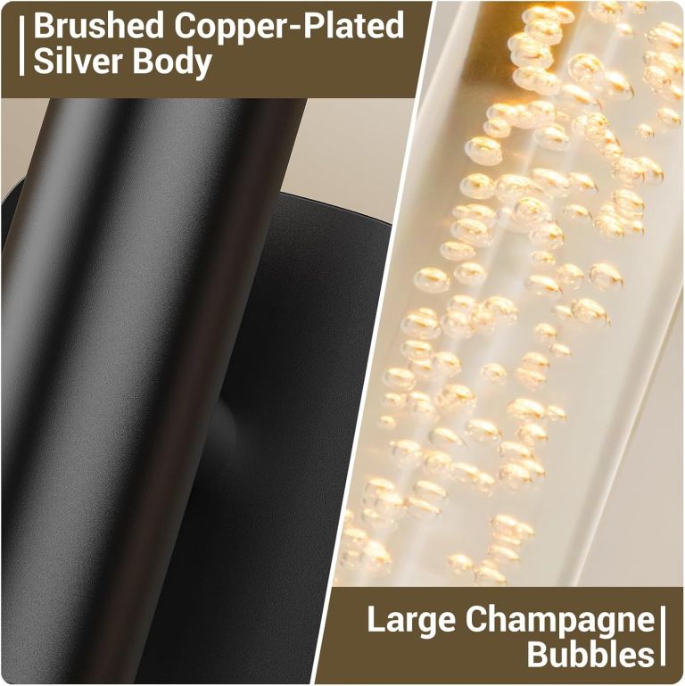 black battery operated wall sconce set of 2, rechargeable wireless wall lights with remote and touch, 360° rotatable sconces wall decor for bedroom living room (31.49 inch, 2 pack) Brushed copper-plated body with champagne bubbles