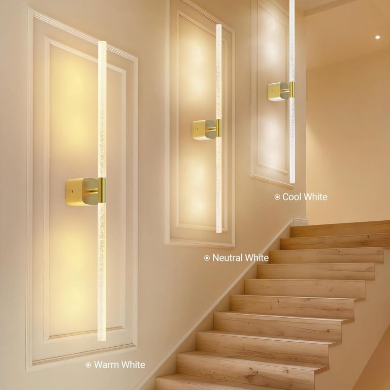 gold battery operated wall sconce set of 2, rechargeable wireless wall lights with remote and touch, 360° rotatable sconces wall decor for bedroom living room (31.49 inch, 2 pack) Modern wall lights along staircase in three tones