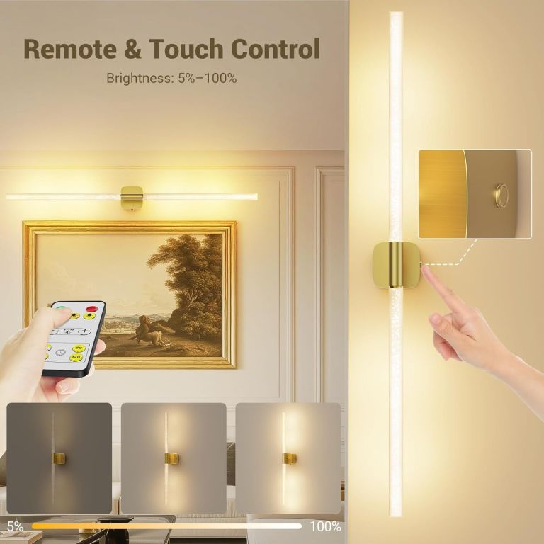 gold battery operated wall sconce set of 2, rechargeable wireless wall lights with remote and touch, 360° rotatable sconces wall decor for bedroom living room (31.49 inch, 2 pack) Wall-mounted LED light with remote and touch control