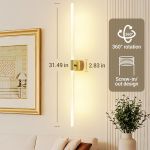 gold battery operated wall sconce set of 2, rechargeable wireless wall lights with remote and touch, 360° rotatable sconces wall decor for bedroom living room (31.49 inch, 2 pack) Modern vertical wall sconce with 360-degree rotation