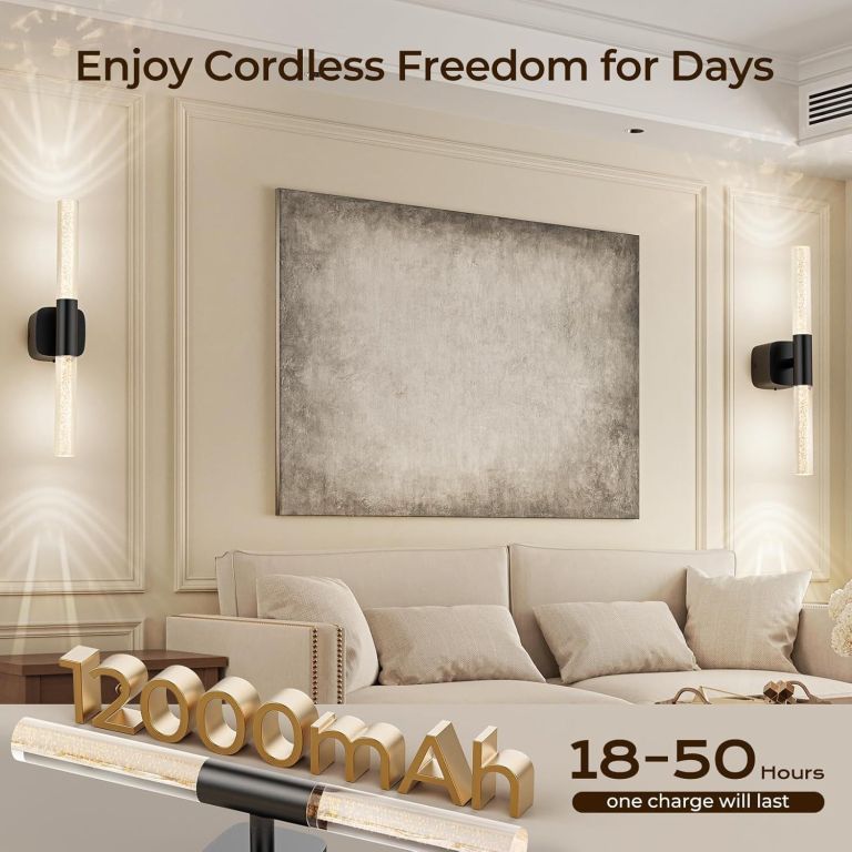 Modern cordless wall lights above beige sofa