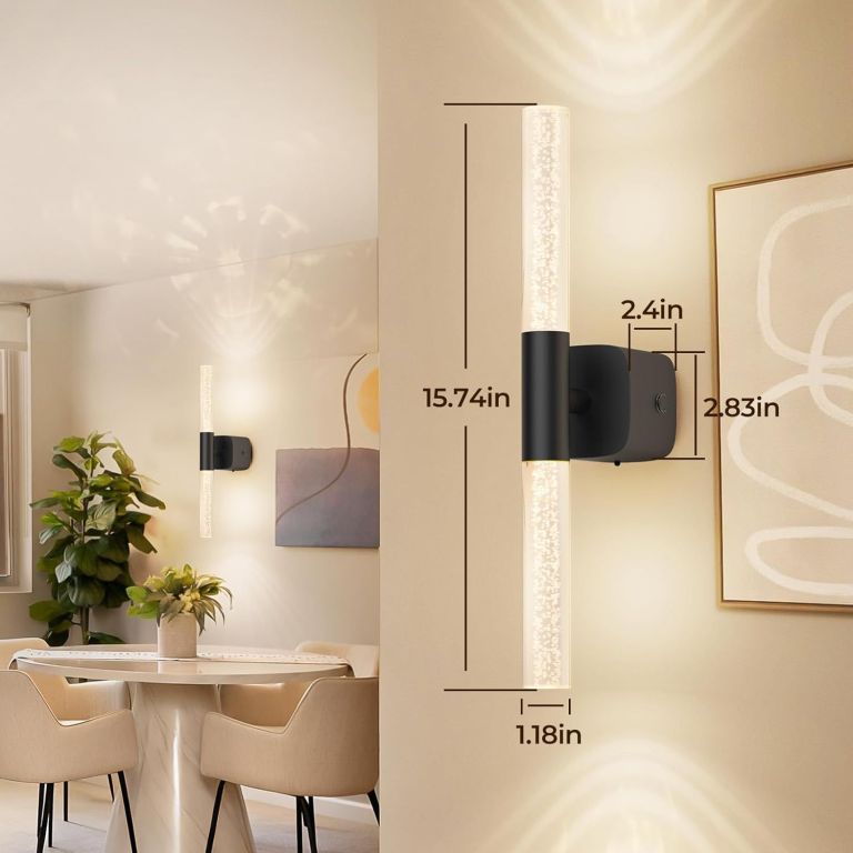 Modern black wall sconce with dimensions displayed