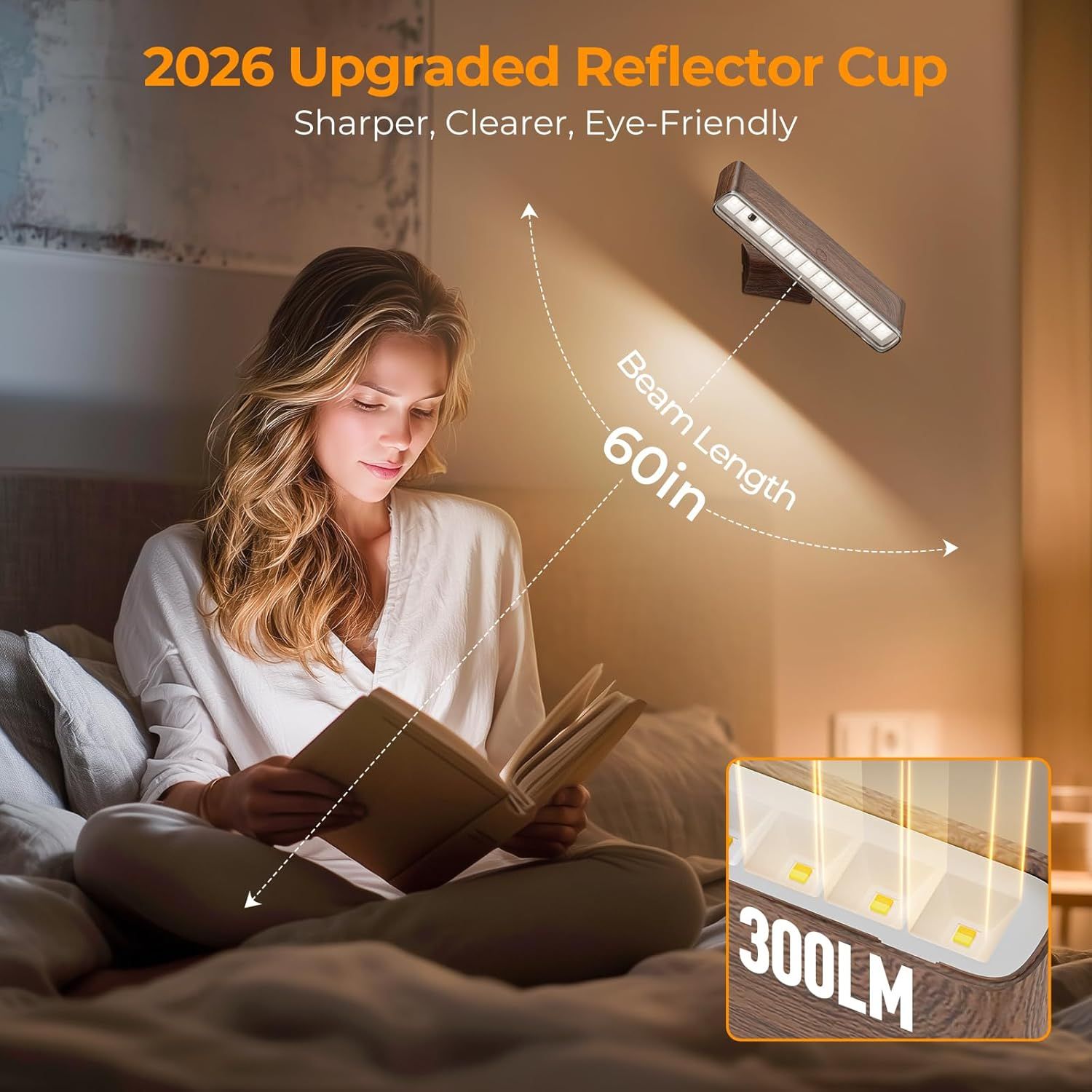 Woman reading under wall-mounted LED light