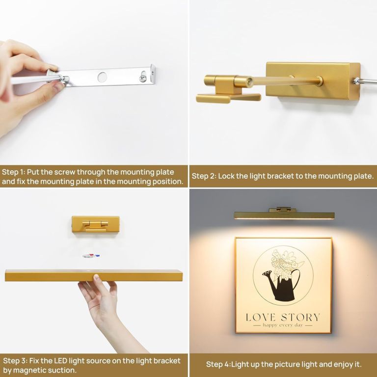 picture light battery operated, 16in wireless art light for paintings cct dimmable recharging battery picture light with remote control for gallery dartboard art bedroom bathroom gold Installing gold LED picture light above framed artwork