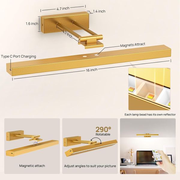 picture light battery operated, 16in wireless art light for paintings cct dimmable recharging battery picture light with remote control for gallery dartboard art bedroom bathroom gold Gold magnetic picture light with adjustable arm