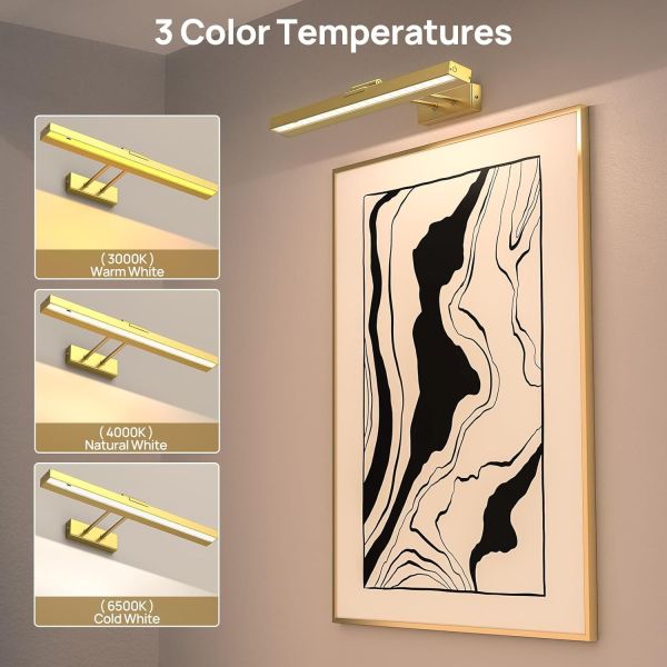 picture light battery operated, 16in wireless art light for paintings cct dimmable recharging battery picture light with remote control for gallery dartboard art bedroom bathroom gold Gold picture light with three colour temperatures