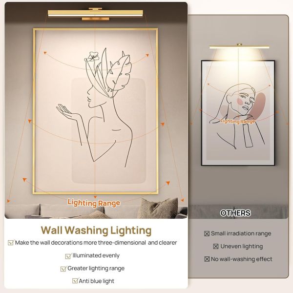 picture light battery operated, 16in wireless art light for paintings cct dimmable recharging battery picture light with remote control for gallery dartboard art bedroom bathroom gold Comparison of wall washing picture lighting effects