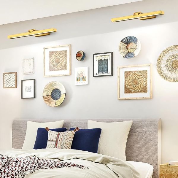 picture light battery operated, 16in wireless art light for paintings cct dimmable recharging battery picture light with remote control for gallery dartboard art bedroom bathroom gold Bedroom gallery wall with gold picture lights
